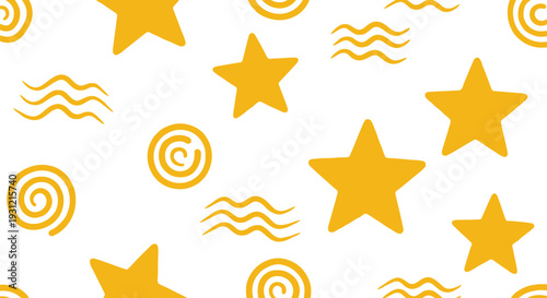Yellow Star Vector Pattern with Swirls and Waves on White Seamless Background