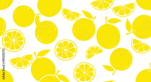 Seamless Lemon Vector Pattern with Yellow Citrus Fruit Slices on White Background