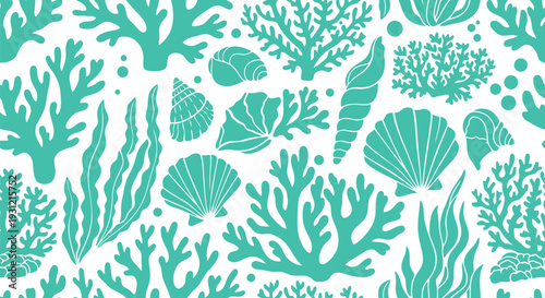 Seamless marine vector pattern with coral, seashells, and seaweed in turquoise color