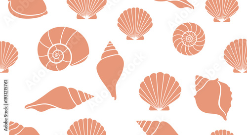 Seashell vector pattern seamless background in coral color for summer beach design projects