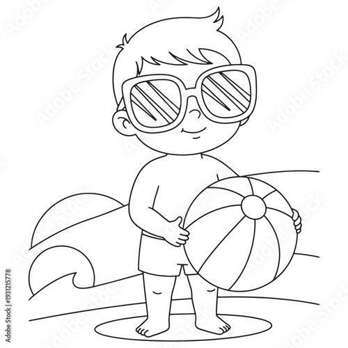 Beach Coloring Page of Little Boy with Sunglasses and Beach Ball
