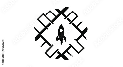 Rocket ship launching through abstract geometric frame, symbolizing innovation and speed.