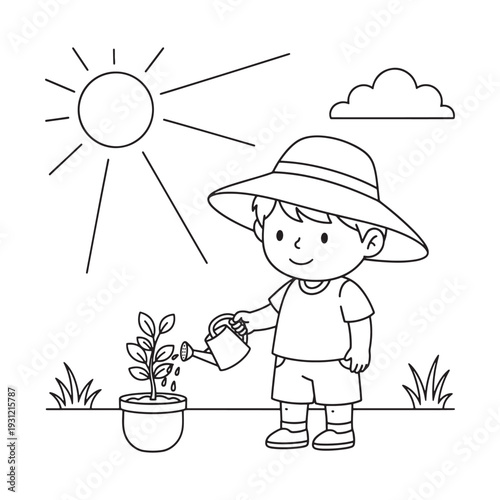 Black and White Coloring Page of Young Boy Gardening Outdoors
