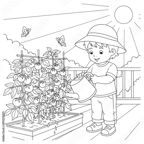 Garden Coloring Page of Child Watering Tomato Plant with Sun and Butterfly
