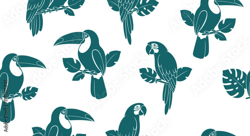 Tropical toucan and parrot seamless vector pattern with jungle leaves on white background