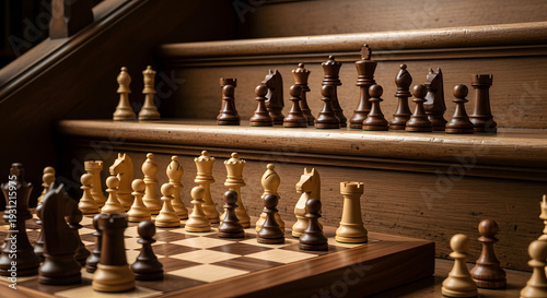 Wooden chess pieces arranged on stairs representing strategy and competition perfect for concepts of planning and decision making