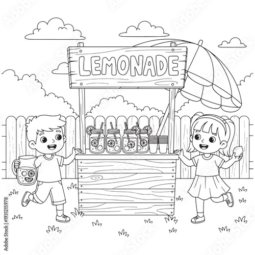 Lemonade Stand Coloring Page with Boy and Girl Selling Drinks
