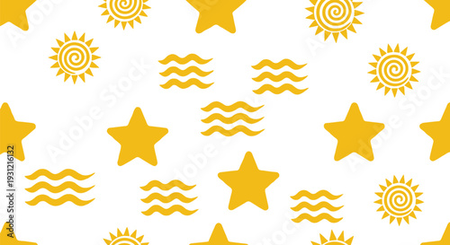 Seamless Summer Sun Star Wave Vector Pattern in Yellow on White Background