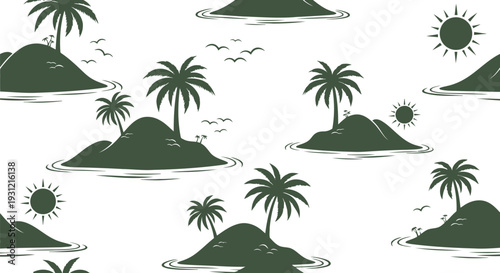Tropical Island Vector Pattern with Palm Trees and Sun Seamless Background Design