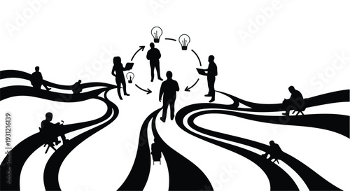 Diverse team collaborates to generate innovative ideas, sharing knowledge through connected pathways.