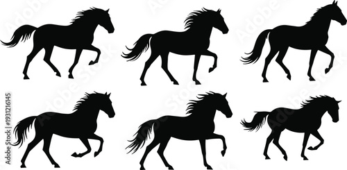 Horse silhouettes running figures, trotting postures, galloping gestures, animal movement, abstract vector illustration, black design elements, equine gait study art