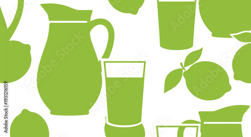 Green Lemonade Vector Pattern with Pitcher, Glass, and Citrus Fruit Silhouettes