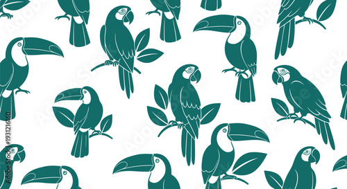 Tropical parrot and toucan seamless vector pattern in green for fabric and wallpaper