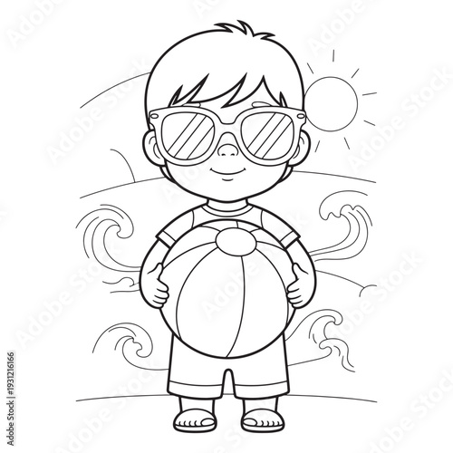 Summer Beach Coloring Page of Cute Boy with Beach Ball

