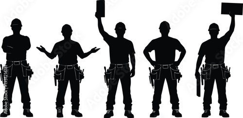 Silhouettes of construction workers tool belts hard hats diverse poses holding signs boards clipboard design illustration
