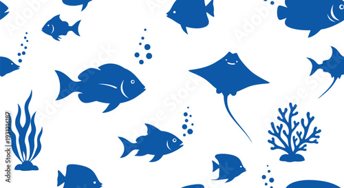 Blue Sea Life Vector Pattern with Fish, Coral, and Marine Elements on White Background