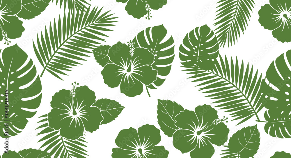 Obraz premium Tropical Hibiscus and Palm Leaves Vector Pattern in Green and White Seamless Design