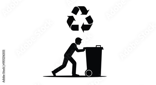 Person pushing a recycling bin under a recycling symbol, promoting environmental responsibility.