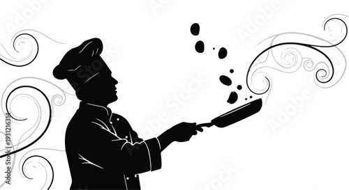 Silhouette of a chef expertly flipping food in a pan with steam swirling artistically