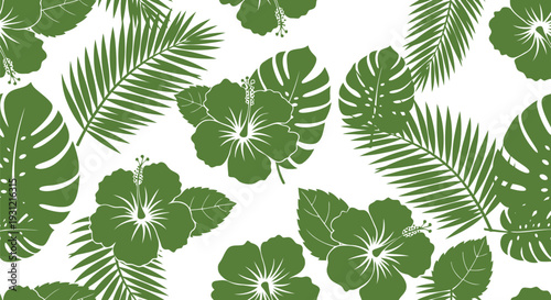 Tropical Hibiscus and Palm Leaves Vector Pattern in Green and White Seamless Design