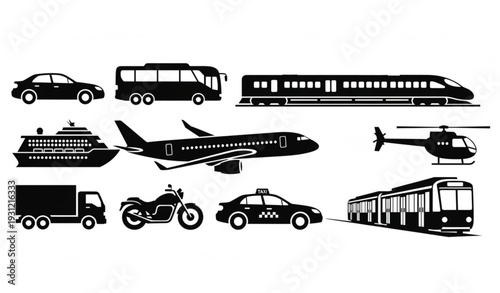 Transportation Black Silhouette Icon Set Car Bus Train Ship Airplane Vector EPS 10