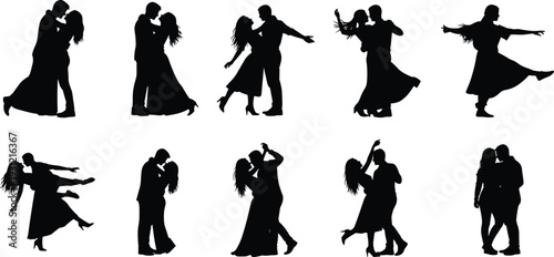 Silhouettes of couples dancing embracing romantic poses expressive movement connection celebration design illustration