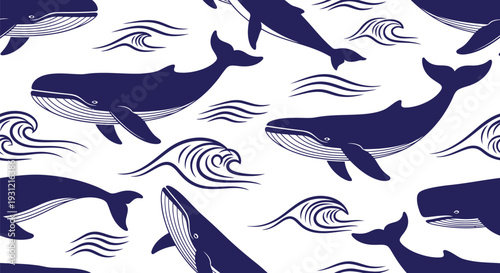 Seamless whale vector pattern with ocean waves, nautical marine animal background