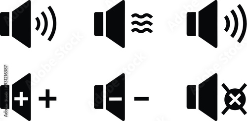 Speaker Volume Control Icon Set with Sound Waves Mute Increase and Decrease Symbols in Black Silhouette Style