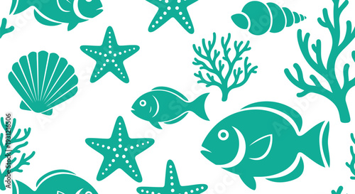 Seamless marine vector pattern with fish, starfish, shells, and coral in turquoise style
