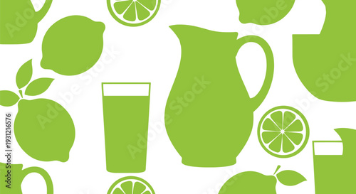Lemonade Vector Pattern with Green Citrus Fruits, Pitcher, and Glasses Seamless Background