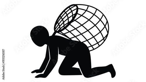 A person crawling with a large net on their back isolated on white background, Vector