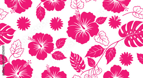 Pink hibiscus floral vector pattern seamless background with tropical leaves and flowers