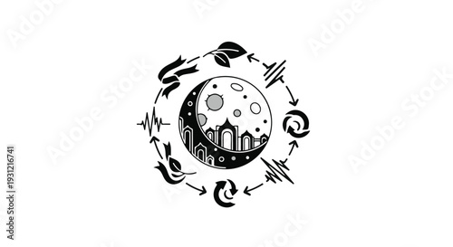 Stylized crescent moon with cityscape below and circular nature symbols around it