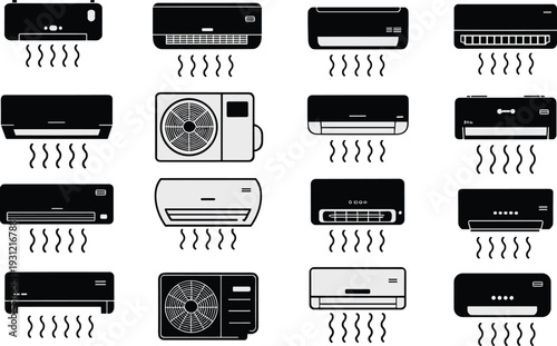 Air conditioner icon collection with diverse wall‑mounted unit designs emitting warm air, showcasing cooling systems, appliances, and technology