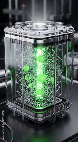 Futuristic energy cell with glowing green core and intricate internal structure symbolizing advanced power storage and clean energy innovation