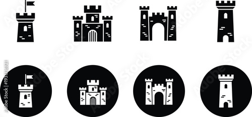 Black and white castle tower icon set featuring eight medieval fortress designs with battlements, flags, and circular backgrounds for history, architecture, and fantasy projects