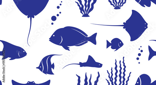 Seamless Blue Fish Vector Pattern with Marine Animals and Seaweed for Ocean Designs