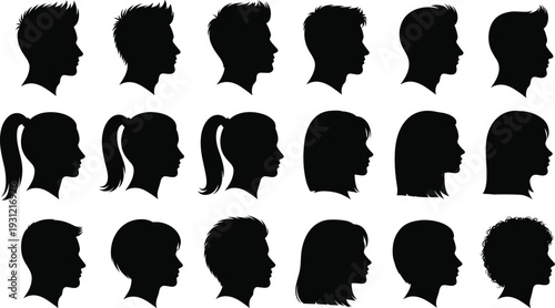 Human head silhouettes, diverse hairstyles, facial profiles, abstract vector illustration, black design elements, individuality representation, demographic diversity art