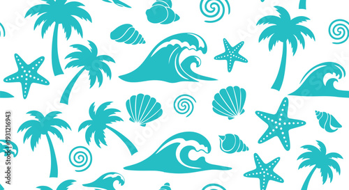 Tropical beach vector pattern with palm trees, waves, shells, and starfish seamless design