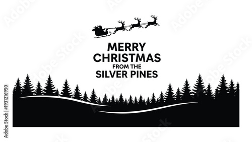 A christmas greeting card with a silhouette of santa's sleigh and reindeer isolated on white background, Vector