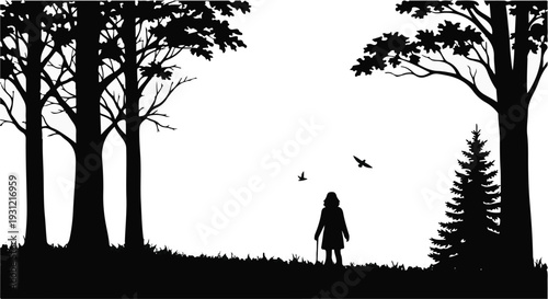 Solitary figure with walking stick gazes at birds in a serene forest silhouette