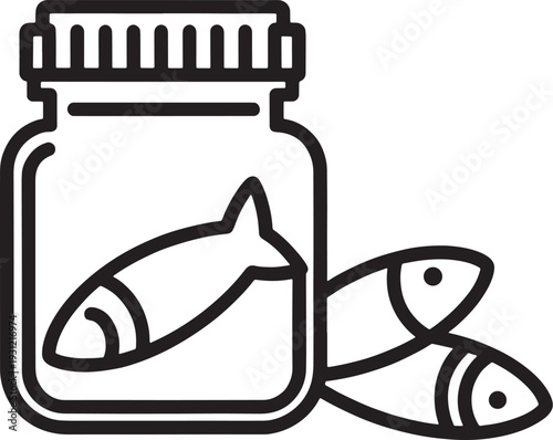 Black and white illustration of fish in a jar with two outside