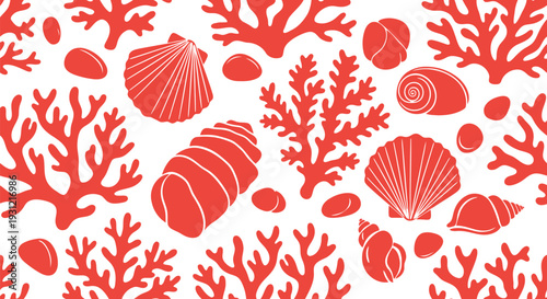 Red coral and seashell seamless vector pattern for summer beach backgrounds and textiles