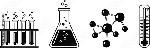 Black and white chemistry science icon set featuring test tubes, flask, molecular structure, and thermometer for laboratory, education, research, and scientific design projects