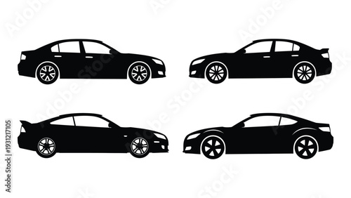 Four black silhouettes of cars in two rows isolated on white background, Vector