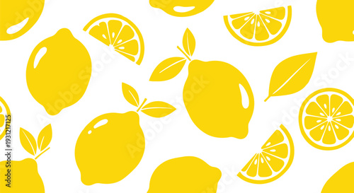Seamless Lemon Vector Pattern with Yellow Citrus Fruit Slices on White Background