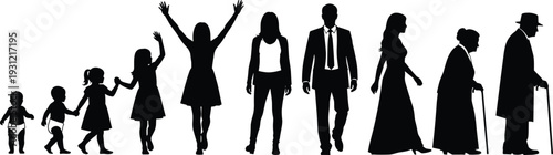 Human life stages silhouettes, vector illustration showing progression from baby to elderly with diverse poses, clothing, and aging representation