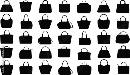 Black silhouette of city skyline with suspension bridge and reflecting trees, urban landscape and nature concept on white background