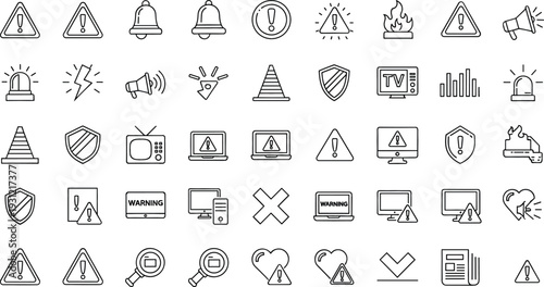 Warning and Alert Icon Set with Shield Bell Fire and Security Symbols in Outline Style Collection