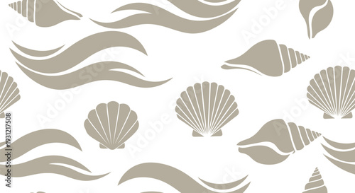 Seashell and Wave Vector Pattern in Beige Seamless Nautical Background Design